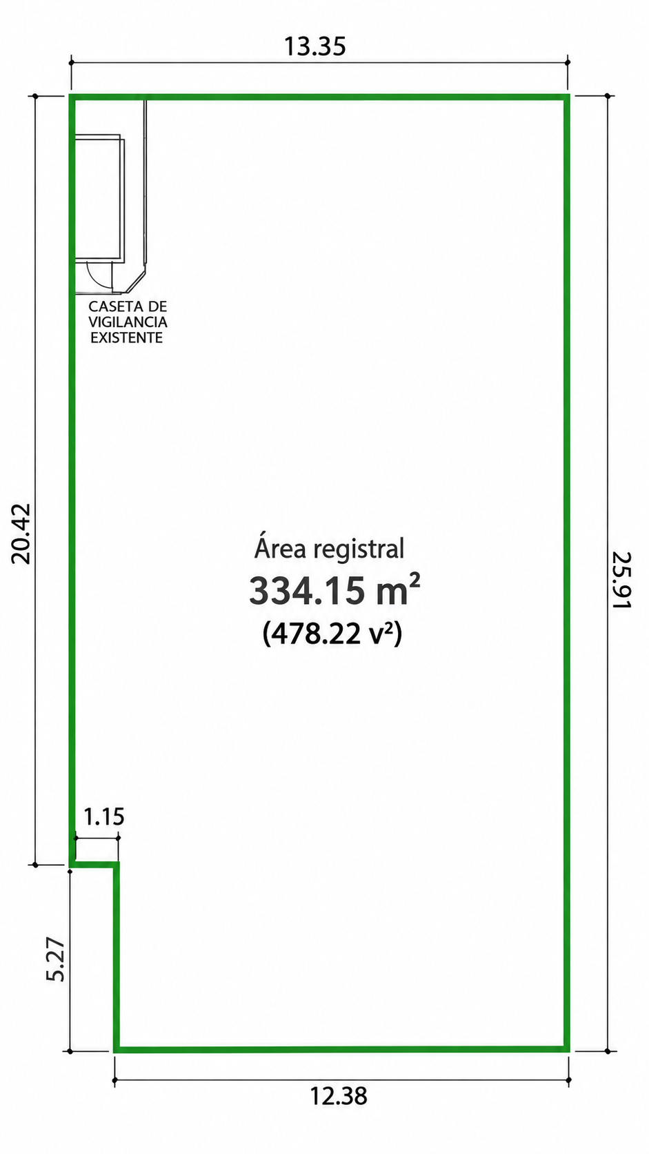 Plano de medidas del terreno: 13.35 m de frente, 25.91 m de fondo, área registral de 334.15 m²